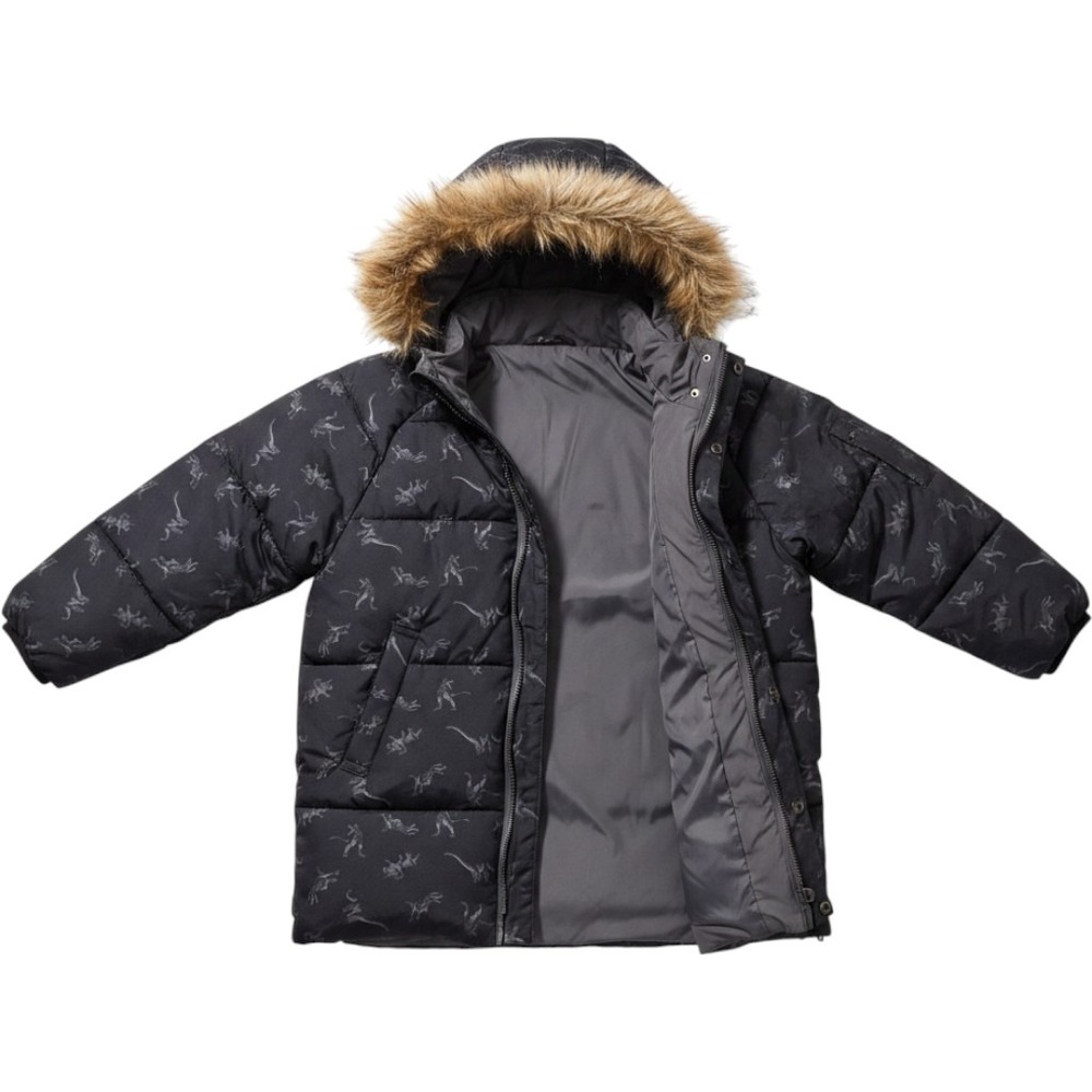 Dex Outerwear Kids Dinosaur Print Puffer Coat Faux Fur Hood Black Sz 4 Reversibe
